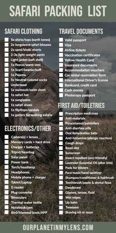 the safari packing list is shown here