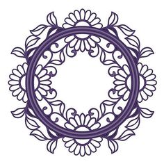 a circular frame with flowers and leaves on the edges, in purple color isolated against a white background