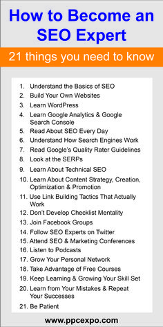 an info sheet with the words how to become an seo expert