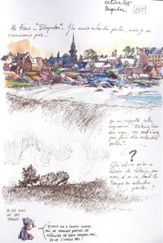 a drawing of a town next to the water with writing on it and an image of a man sitting in a boat