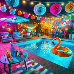 an indoor pool decorated with paper lanterns and flamingos