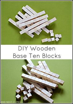 wooden blocks are stacked up on top of each other with the words diy wooden base ten blocks