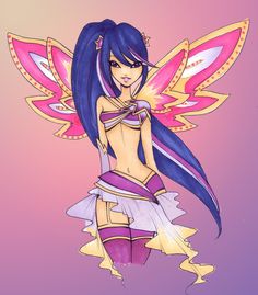 a drawing of a fairy with purple hair and wings