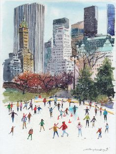 a painting of people skating on the ice rink in central park, new york city