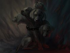 three dogs are hugging each other in front of a dark background with red light coming from behind them