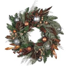 a christmas wreath with pine cones, ornaments and other greenery is shown on a white background