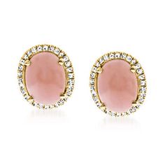 Ross-Simons - Pink Opal and .18 ct. t. w. Diamond Earrings in 14kt Yellow Gold. You'll feel as pretty as possible every single day when these stunning earrings are a part of your wardrobe. They present soft 9x7mm oval pink opal cabochons inside glittery .18 ct. t. w. round brilliant-cut diamond halos. Crafted in 14kt yellow gold. Post/clutch, diamond and pink opal earrings. Opal birthstones are the perfect gift for October birthdays. October Birthdays, Pink Opal Earrings, Opal Birthstone, Earrings Opal, Opal Earrings, Stunning Earrings, Pink Opal, Round Brilliant Cut Diamond, Halo Diamond