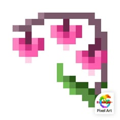 the pixel art logo has pink and green squares on it, as well as an image of