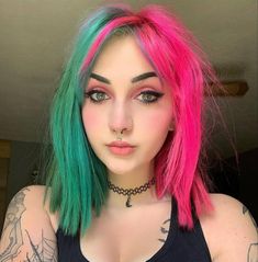 Weird Haircuts, Maquillaje Aesthetic, Fantasy Hair Color, Pink Hair Dye, Eyeliner Tattoo, Split Hair, Fantasy Hair, E Girl