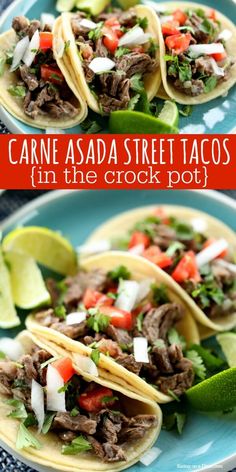 two pictures of carne asada street tacos in the crock pot