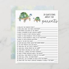 a printable baby shower game with two turtles sitting on top of each other and the words, 20 questions about the parents