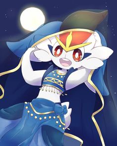 a cartoon character dressed in blue and white with a hat on her head, dancing under the moon