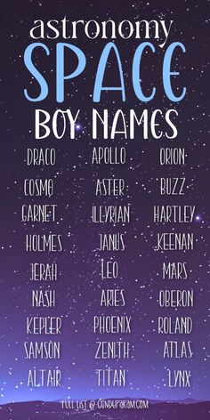 the poster for astronomy space boy names, with stars in the sky behind it and words below