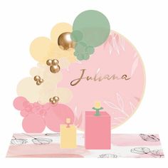 a pink and gold birthday card with the word julia on it, surrounded by balloons