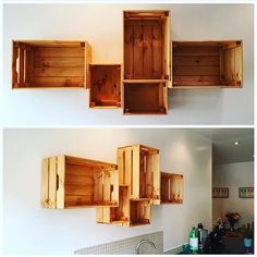 two pictures of wooden boxes hanging on the wall