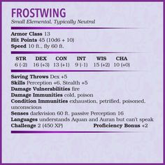 DnD 5e Statblock for Frostwing by Me.Mimic Elements Art, Home Brewing, Keep Up, Dungeons And Dragons, Lost, Humor, Art