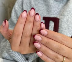 Maroon Nail French Tips, Mauve Red Nails, Pink And Maroon Nails, Simple Burgundy Nails, Dark Red French Tips, Maroon French Tip, Maroon French Tip Nails, Classy Elegant Nails, French Tip Nails Short