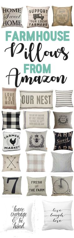 pillows that have different designs on them and the words farmhouse pillow from amazon are shown