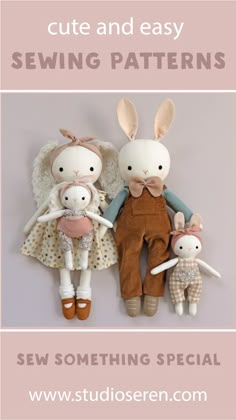 two stuffed rabbits are sitting next to each other with text overlay that says cute and easy sewing patterns