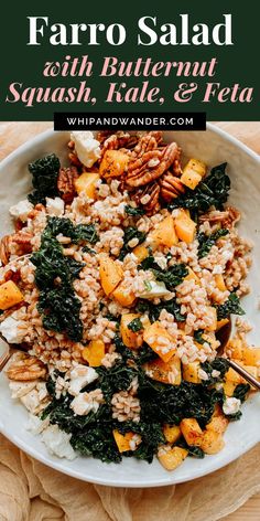 a white bowl filled with rice, butternuts and kale on top of a wooden table