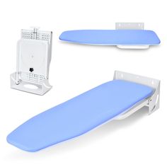 a blue ironing board next to a white ironing board