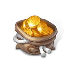 a bag filled with gold coins sitting on top of a white floor