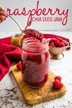 raspberry chia seed jam on a cutting board