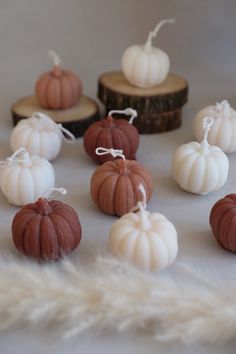 small white and brown pumpkins sitting on top of a table