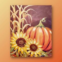 an acrylic painting of sunflowers and pumpkin