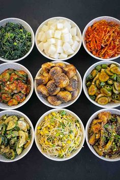 six bowls filled with different types of food