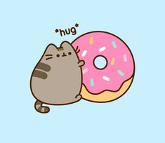 a cat hugging a donut with the word hug written on it's side