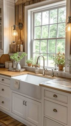 a white kitchen sink sitting under a window next to a counter top with potted plants on it