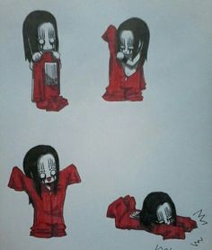 four drawings of people in red clothing with one holding a cell phone and the other laying down