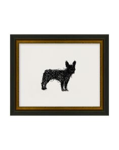 a black and white drawing of a dog in a brown frame on a white wall