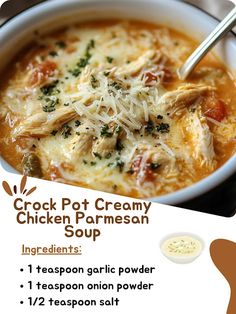 a bowl of crock pot creamy chicken parmesan soup with instructions on the side