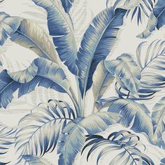 a wallpaper with blue and white tropical leaves on the back drop in an off - white background