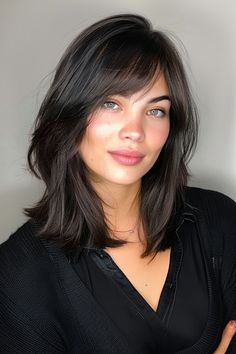 Medium-length hair with side bangs is a versatile and stylish look that complements various face shapes and hair textures. Side Fringes For Short Hair, Haircut With Bangs Medium Length Hair, Off Center Bangs, Dark Brown Hair Bangs Mid Length, Long Bangs Medium Length Hair, Medium Length Side Bangs, Women’s Medium Length Haircut With Bangs, Side Short Bangs, Shoulder Length Side Bangs