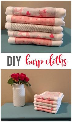 the diy cup cloths are stacked on top of each other, with flowers in a vase next to them