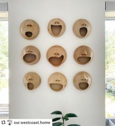 a white wall with nine wooden faces mounted to it's side and one plant in the foreground