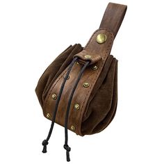 a brown leather bag with brass hardwares on the front and side, hanging from a hook