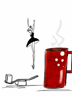 a drawing of a woman dancing next to a red coffee mug with the lid down