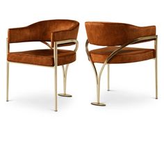 a pair of chairs with armrests on each side, one in brown velvet and the other in silver metal