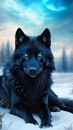 a black wolf with blue eyes sitting in the snow under a full moon filled sky