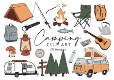 camping clipart set with camper, tent, campfire, backpack and other items