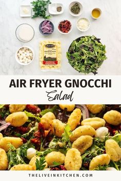 the ingredients for air fryer gnocchi salad laid out on top of each other