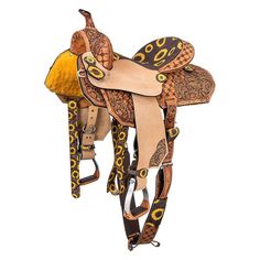 a brown and yellow horse saddle on a white background