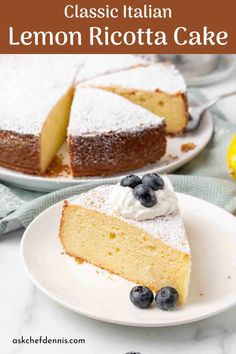 a slice of lemon ricotta cake on a white plate