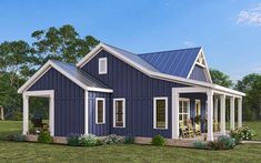 this is a computer rendering of a small blue house with porches on the front