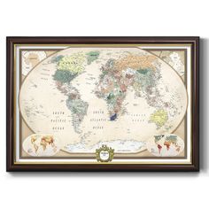 a framed world map with all the countries and major cities on it's sides