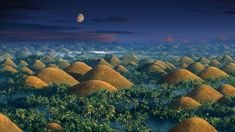 an artist's rendering of a tropical landscape with trees and mounds in the foreground